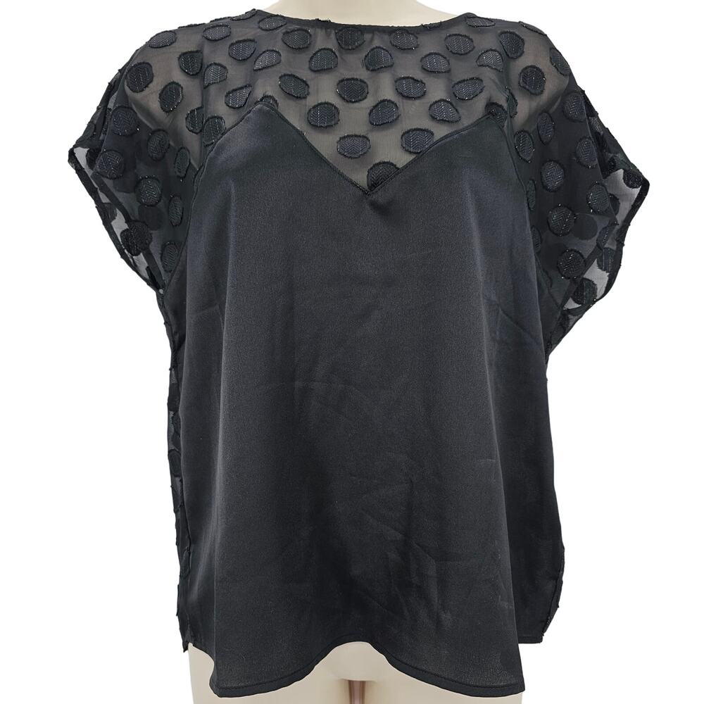 Lulus Womans size S Portina Black Satin Polka Dot Top Sheer Mesh Back Keyhole